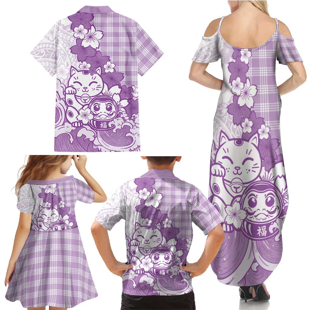 Purple Palaka Hawaiian And Japanese Family Matching Summer Maxi Dress and Hawaiian Shirt Maneki Neko And Sakura Bloom DT05 - Polynesian Pride