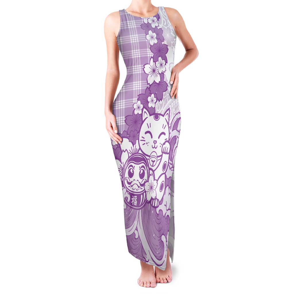 Purple Palaka Hawaiian And Japanese Family Matching Tank Maxi Dress and Hawaiian Shirt Maneki Neko And Sakura Bloom DT05 Mom's Dress Purple - Polynesian Pride