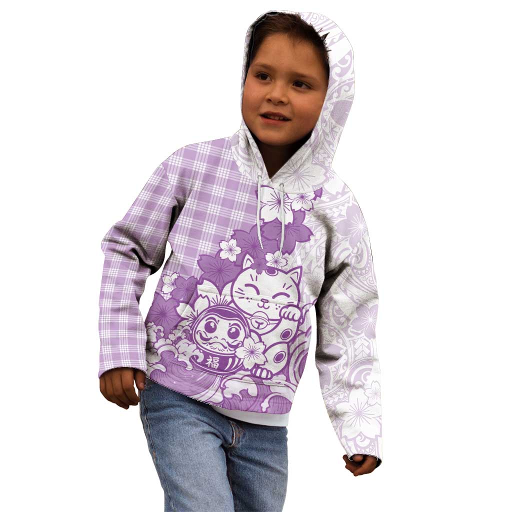 Purple Palaka Hawaiian And Japanese Kid Hoodie Maneki Neko And Sakura Bloom