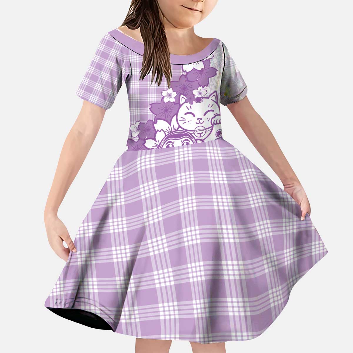 Purple Palaka Hawaiian And Japanese Kid Short Sleeve Dress Maneki Neko And Sakura Bloom