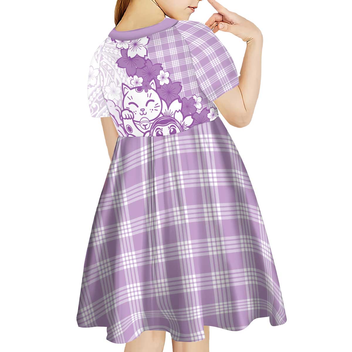 Purple Palaka Hawaiian And Japanese Kid Short Sleeve Dress Maneki Neko And Sakura Bloom