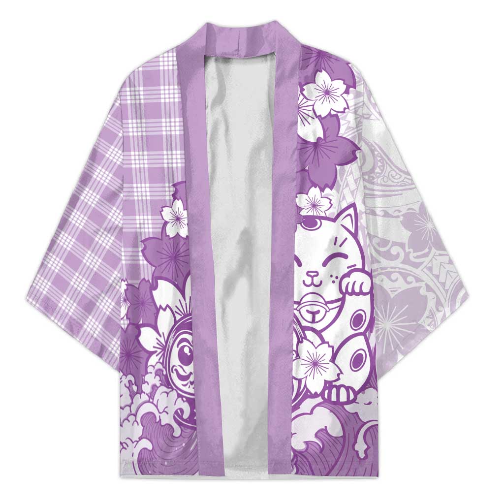 Purple Palaka Hawaiian And Japanese Kimono Maneki Neko And Sakura Bloom