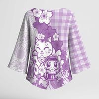 Purple Palaka Hawaiian And Japanese Kimono Sleeve Blouse Maneki Neko And Sakura Bloom