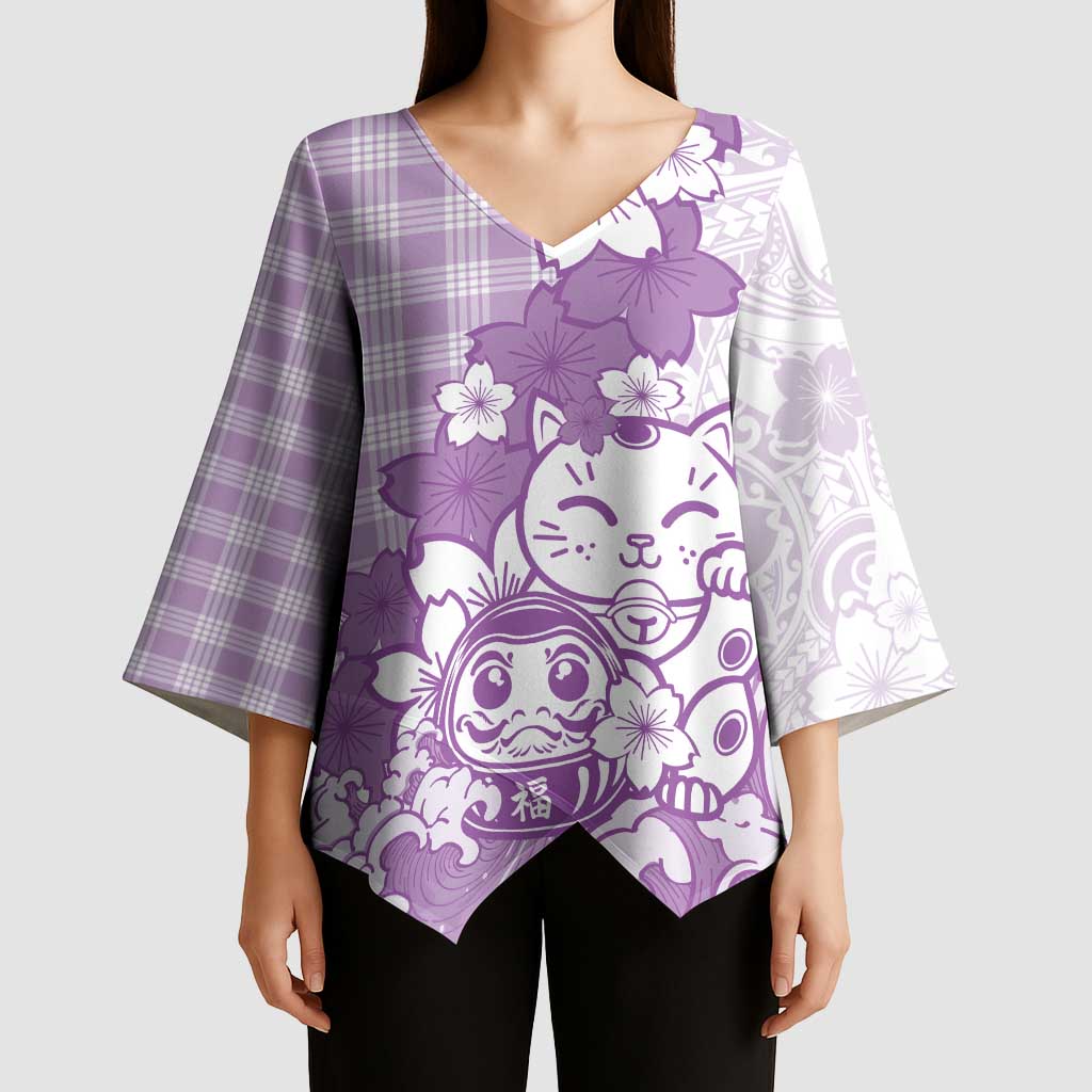 Purple Palaka Hawaiian And Japanese Kimono Sleeve Blouse Maneki Neko And Sakura Bloom