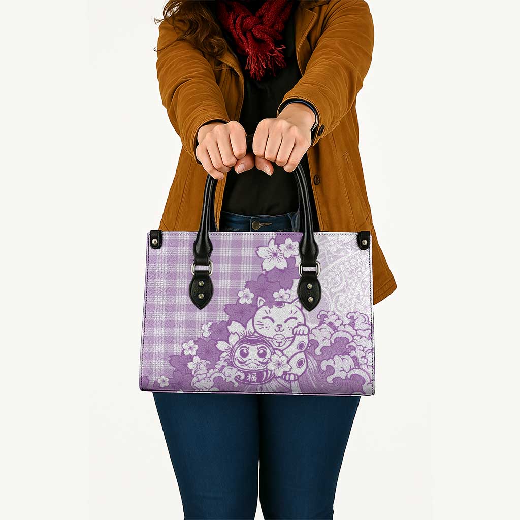 Purple Palaka Hawaiian And Japanese Leather Bag Maneki Neko And Sakura Bloom