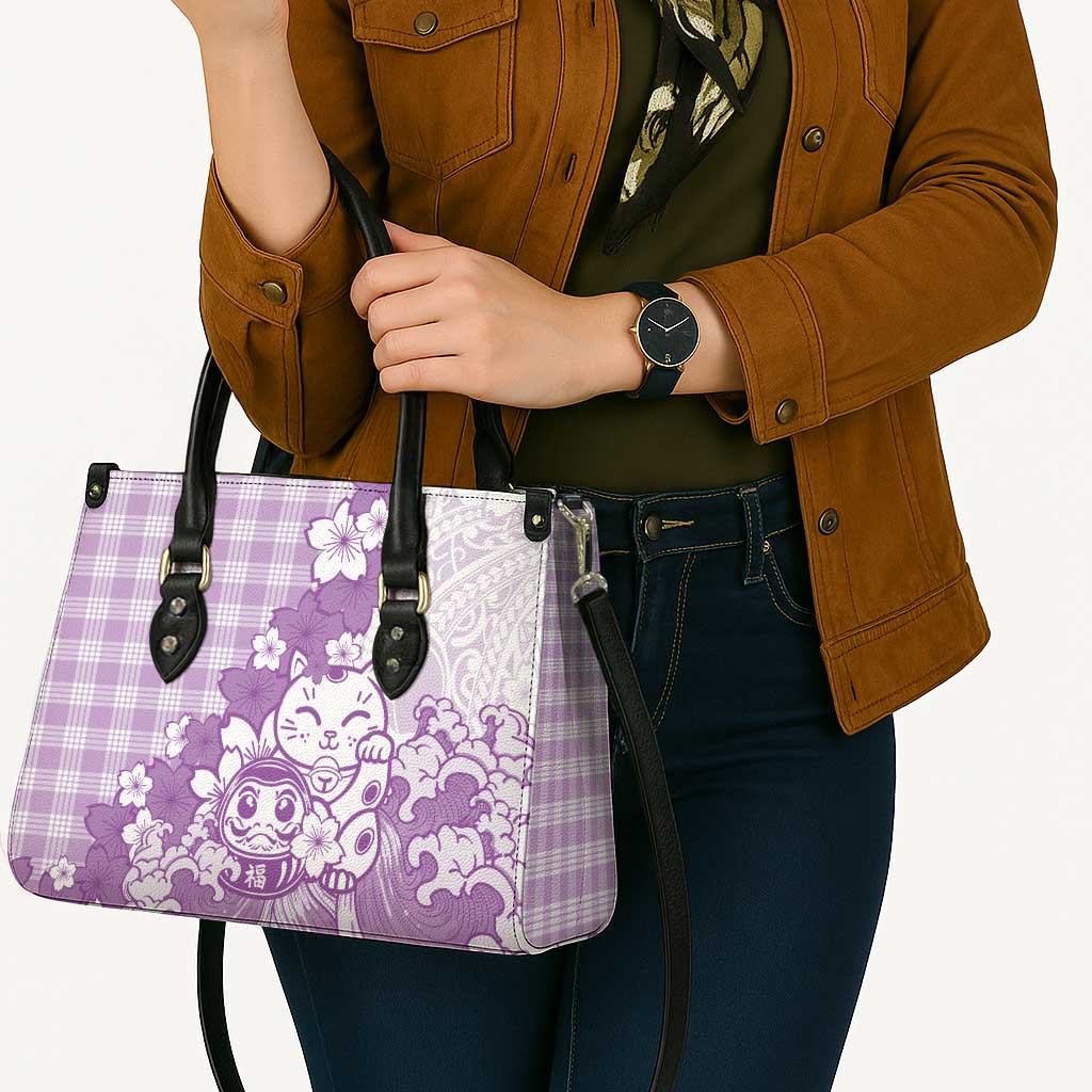 Purple Palaka Hawaiian And Japanese Leather Bag Maneki Neko And Sakura Bloom