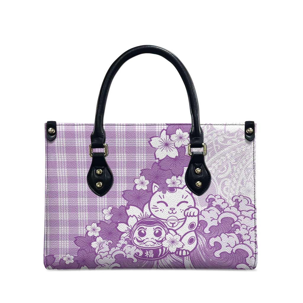 Purple Palaka Hawaiian And Japanese Leather Bag Maneki Neko And Sakura Bloom