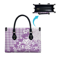 Purple Palaka Hawaiian And Japanese Leather Bag Maneki Neko And Sakura Bloom