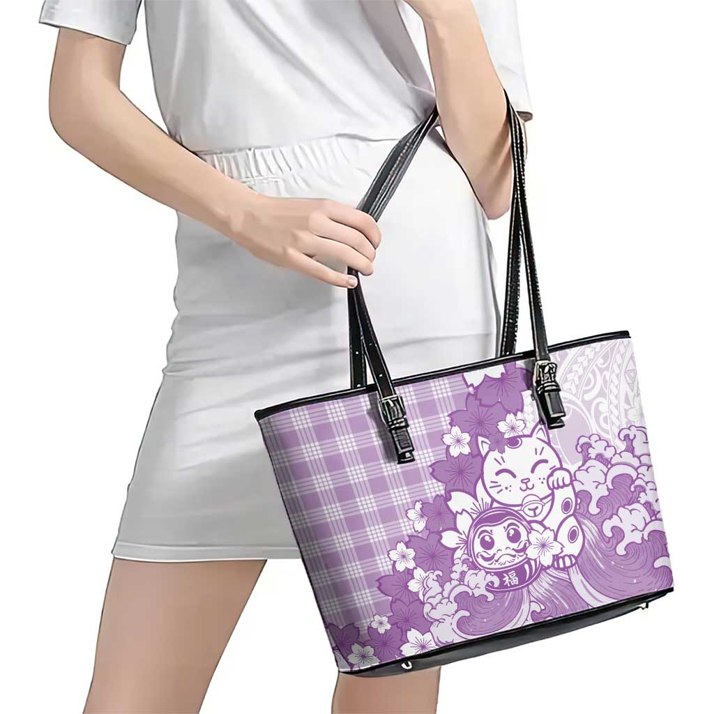Purple Palaka Hawaiian And Japanese Leather Tote Bag Maneki Neko And Sakura Bloom