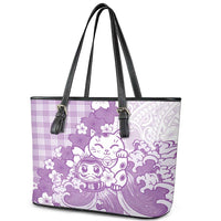 Purple Palaka Hawaiian And Japanese Leather Tote Bag Maneki Neko And Sakura Bloom