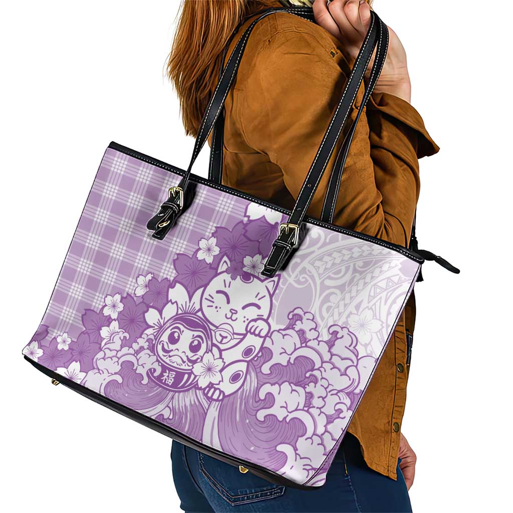 Purple Palaka Hawaiian And Japanese Leather Tote Bag Maneki Neko And Sakura Bloom