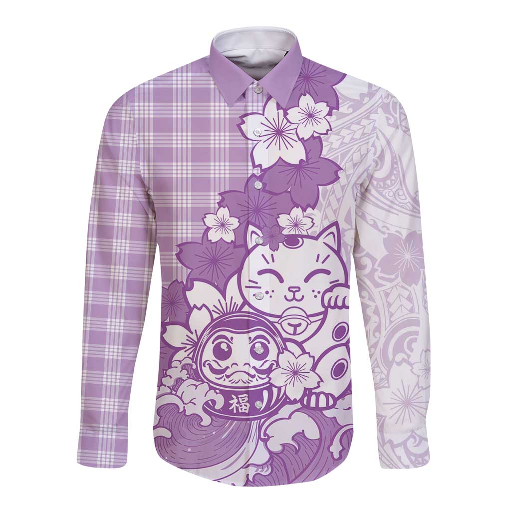 Purple Palaka Hawaiian And Japanese Long Sleeve Button Shirt Maneki Neko And Sakura Bloom