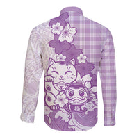 Purple Palaka Hawaiian And Japanese Long Sleeve Button Shirt Maneki Neko And Sakura Bloom
