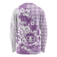 Purple Palaka Hawaiian And Japanese Long Sleeve Shirt Maneki Neko And Sakura Bloom