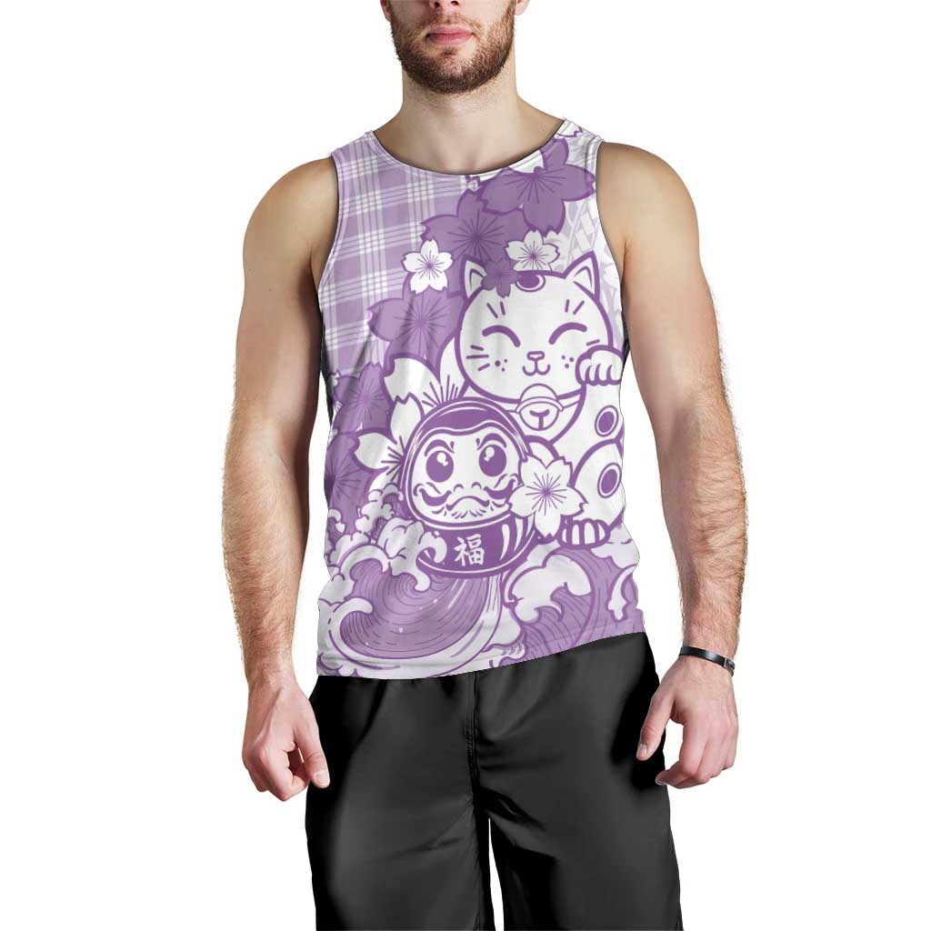 Purple Palaka Hawaiian And Japanese Men Tank Top Maneki Neko And Sakura Bloom