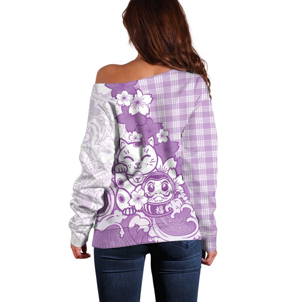 Purple Palaka Hawaiian And Japanese Off Shoulder Sweater Maneki Neko And Sakura Bloom