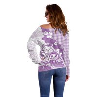 Purple Palaka Hawaiian And Japanese Off Shoulder Sweater Maneki Neko And Sakura Bloom