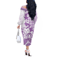 Purple Palaka Hawaiian And Japanese Off The Shoulder Long Sleeve Dress Maneki Neko And Sakura Bloom
