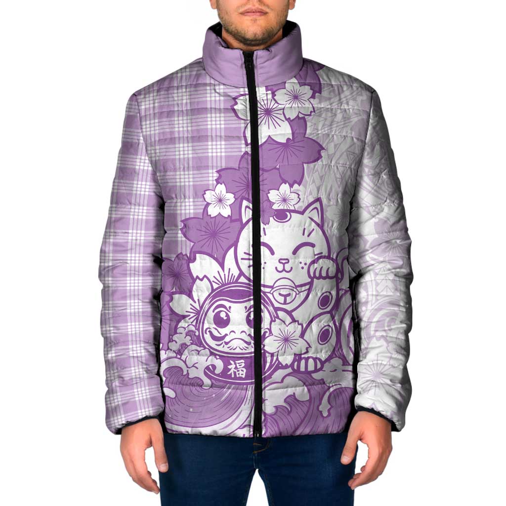 Purple Palaka Hawaiian And Japanese Padded Jacket Maneki Neko And Sakura Bloom