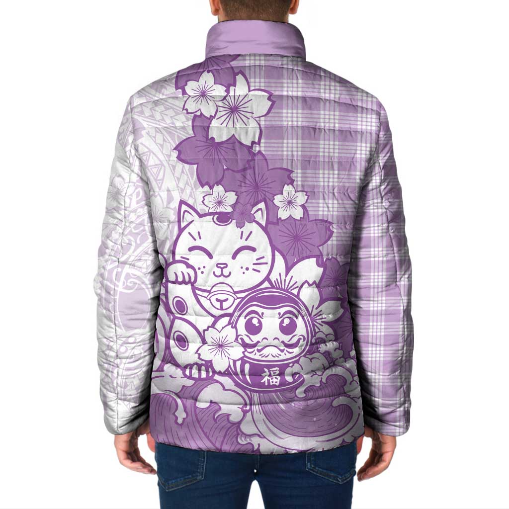 Purple Palaka Hawaiian And Japanese Padded Jacket Maneki Neko And Sakura Bloom