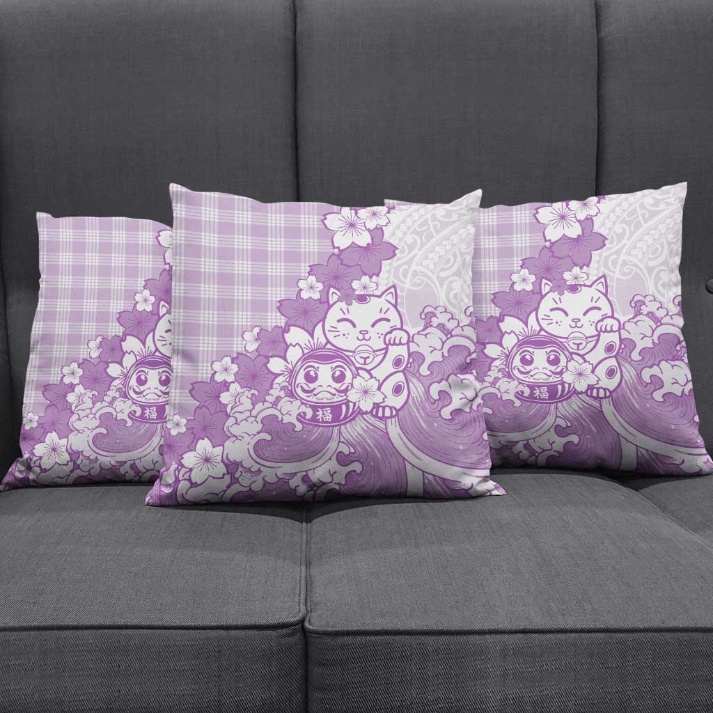 Purple Palaka Hawaiian And Japanese Pillow Cover Maneki Neko And Sakura Bloom