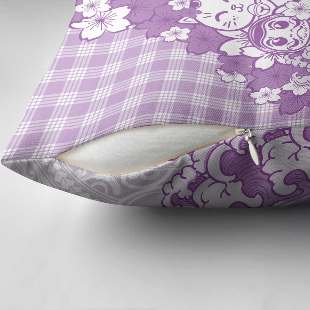 Purple Palaka Hawaiian And Japanese Pillow Cover Maneki Neko And Sakura Bloom
