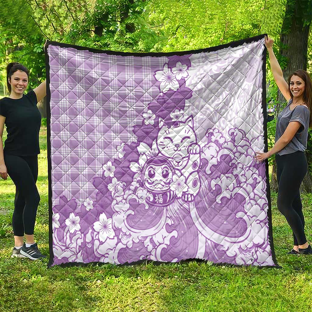 Purple Palaka Hawaiian And Japanese Quilt Maneki Neko And Sakura Bloom