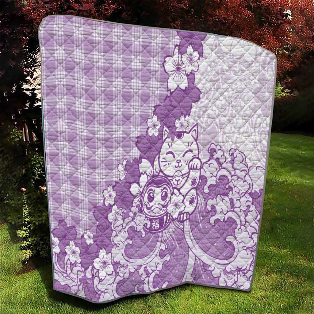 Purple Palaka Hawaiian And Japanese Quilt Maneki Neko And Sakura Bloom