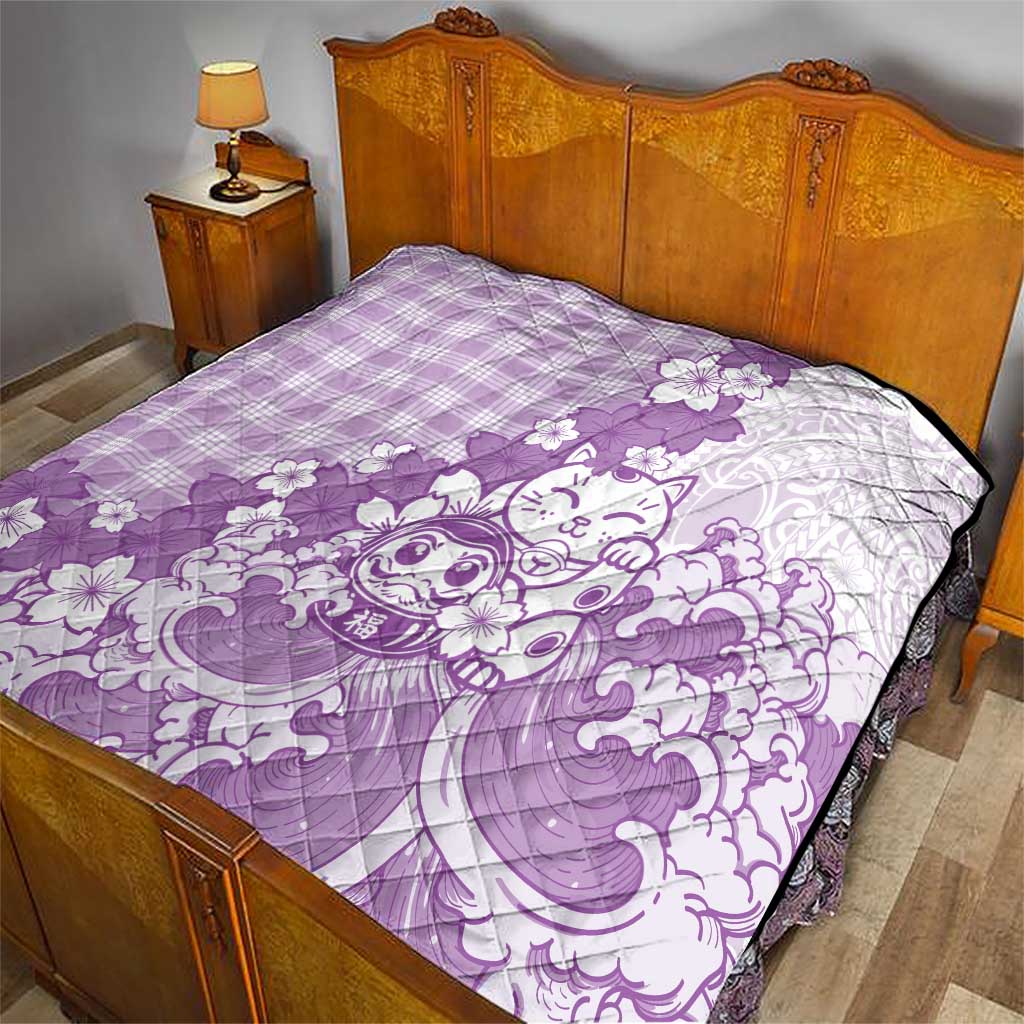 Purple Palaka Hawaiian And Japanese Quilt Maneki Neko And Sakura Bloom