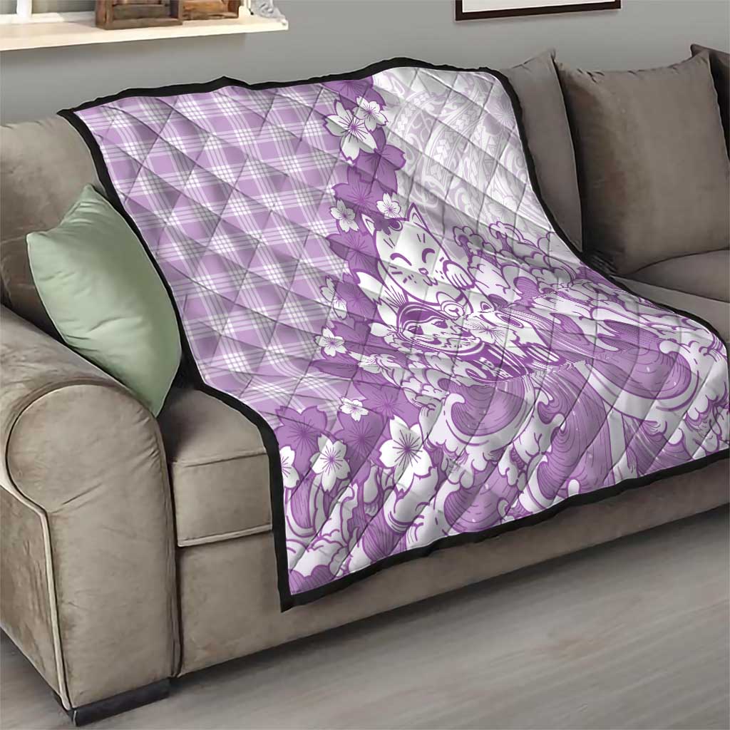 Purple Palaka Hawaiian And Japanese Quilt Maneki Neko And Sakura Bloom