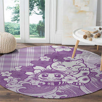 Purple Palaka Hawaiian And Japanese Round Carpet Maneki Neko And Sakura Bloom