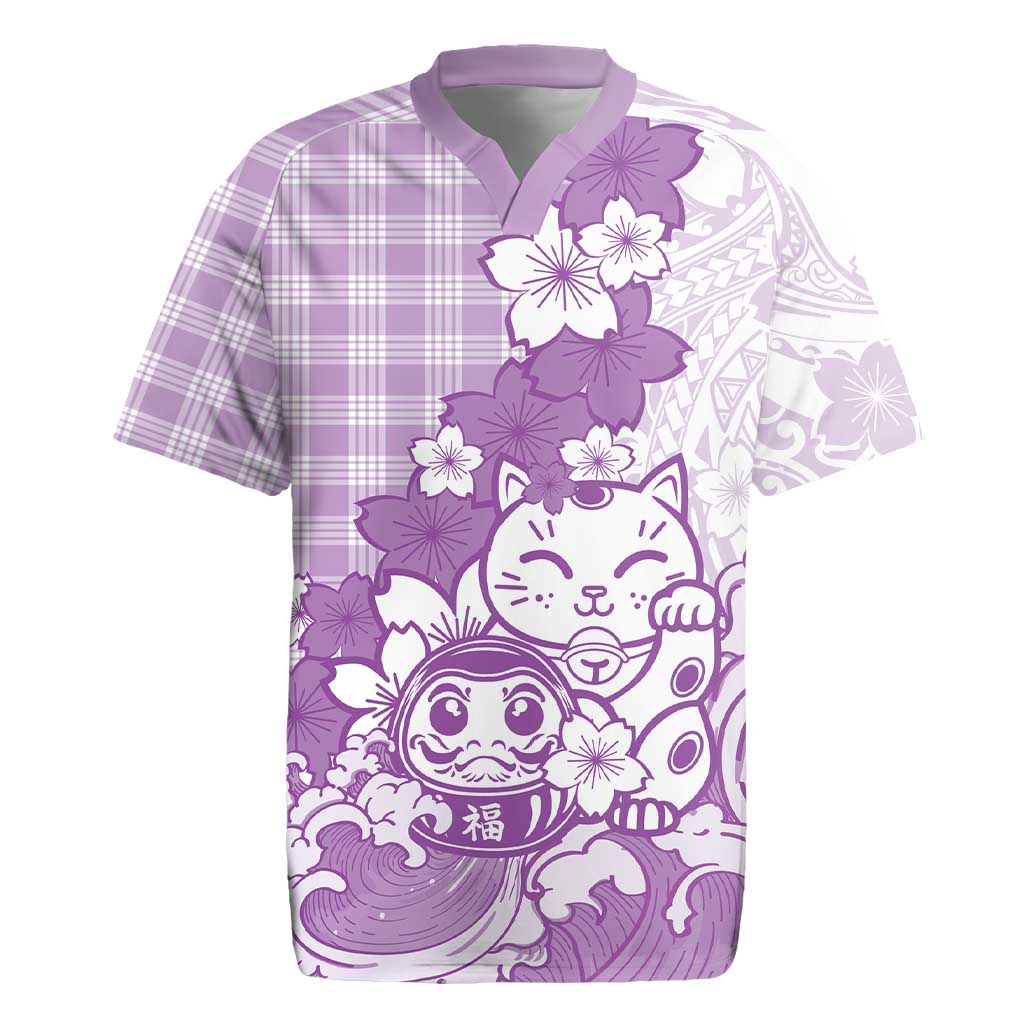 Purple Palaka Hawaiian And Japanese Rugby Jersey Maneki Neko And Sakura Bloom