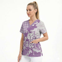 Purple Palaka Hawaiian And Japanese Scrub Top Maneki Neko And Sakura Bloom