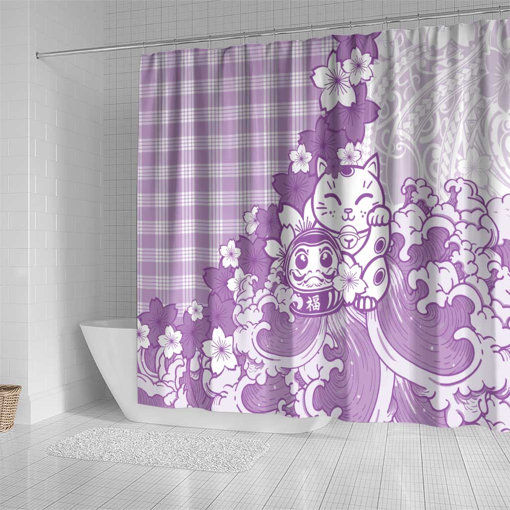 Purple Palaka Hawaiian And Japanese Shower Curtain Maneki Neko And Sakura Bloom