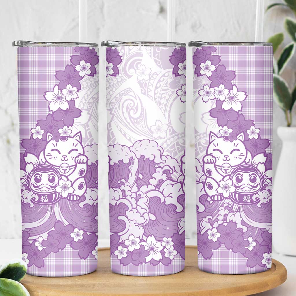Purple Palaka Hawaiian And Japanese Skinny Tumbler Maneki Neko And Sakura Bloom