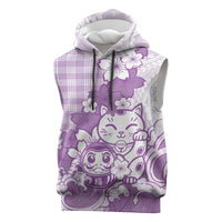 Purple Palaka Hawaiian And Japanese Sleeveless Hoodie Maneki Neko And Sakura Bloom