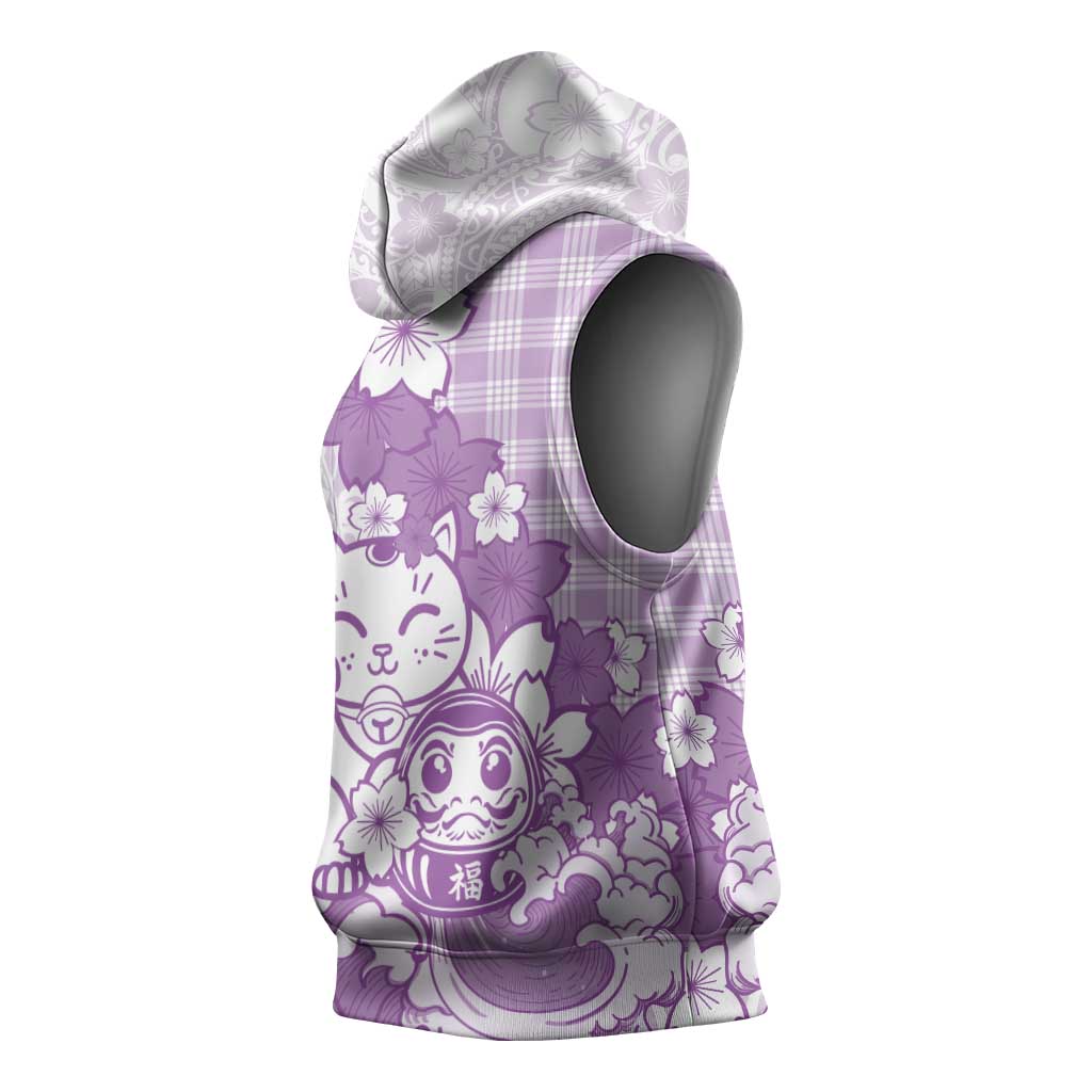 Purple Palaka Hawaiian And Japanese Sleeveless Hoodie Maneki Neko And Sakura Bloom