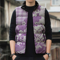 Purple Palaka Hawaiian And Japanese Sleeveless Puffer Jacket Maneki Neko And Sakura Bloom