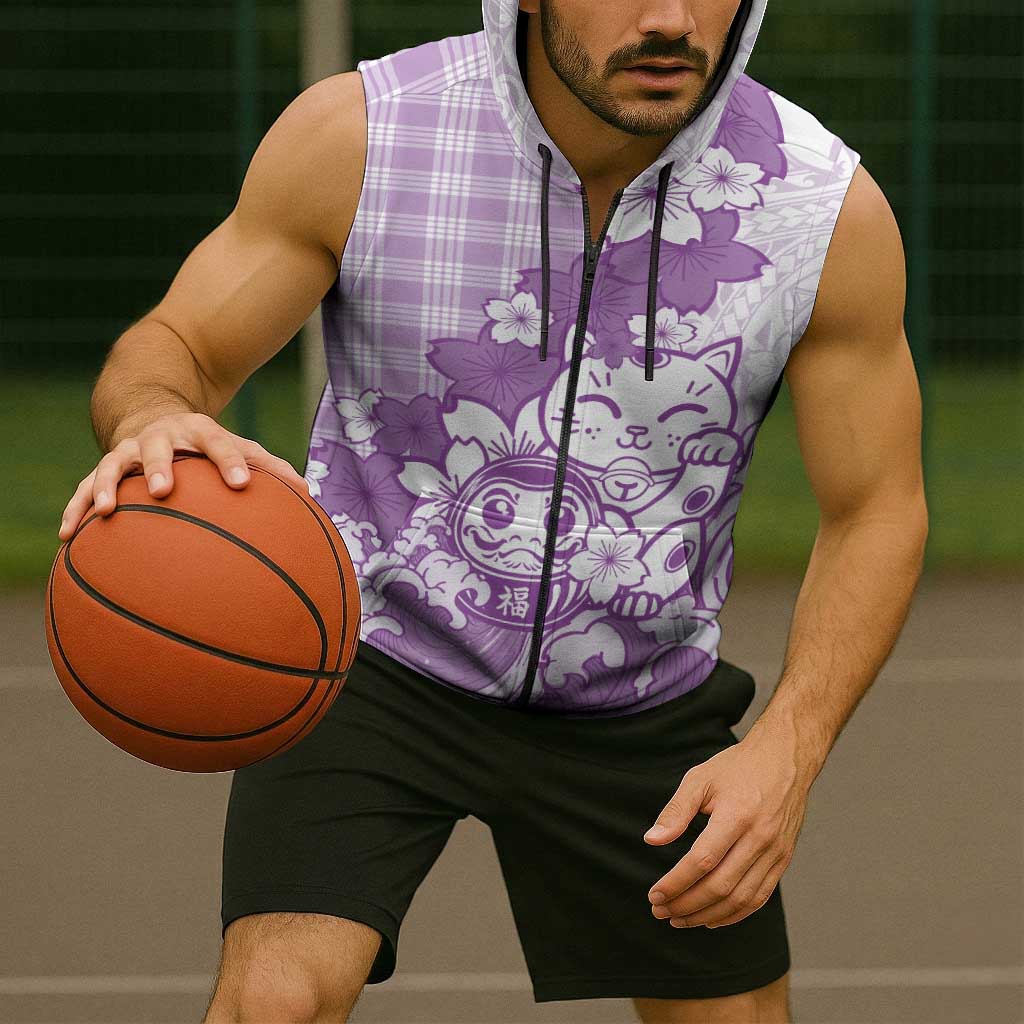 Purple Palaka Hawaiian And Japanese Sleeveless Zip Hoodie Maneki Neko And Sakura Bloom