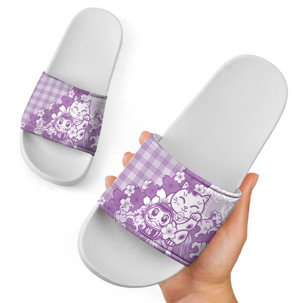 Purple Palaka Hawaiian And Japanese Slide Sandals Maneki Neko And Sakura Bloom