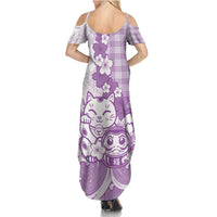 Purple Palaka Hawaiian And Japanese Summer Maxi Dress Maneki Neko And Sakura Bloom