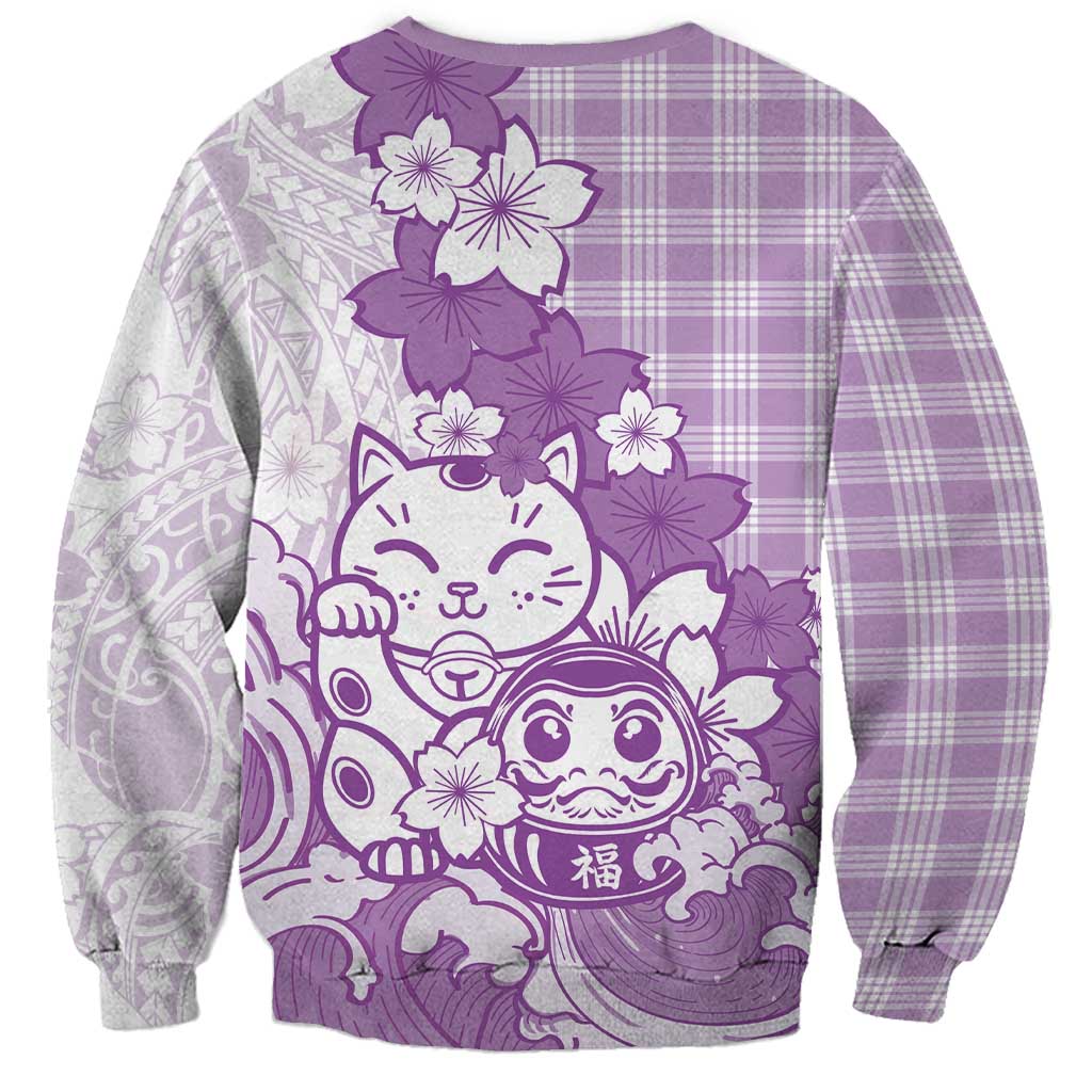 Purple Palaka Hawaiian And Japanese Sweatshirt Maneki Neko And Sakura Bloom