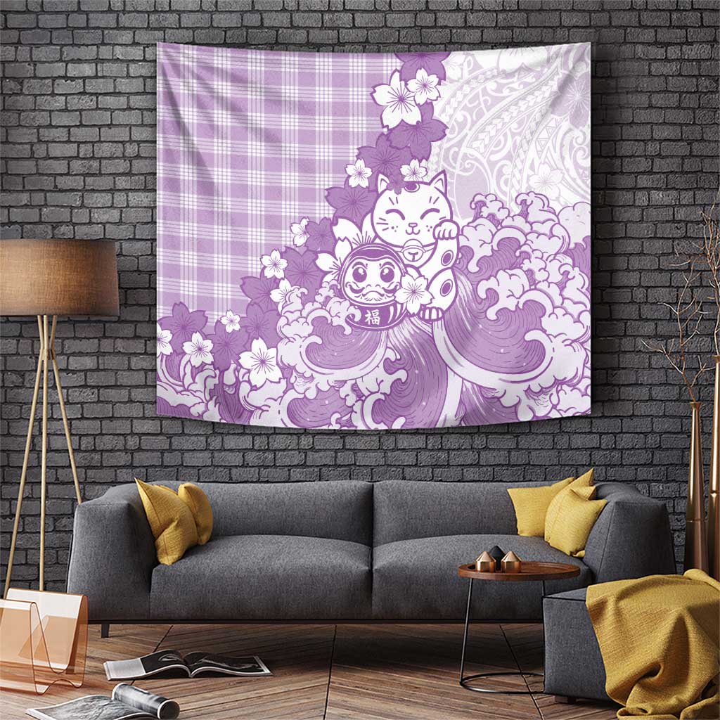 Purple Palaka Hawaiian And Japanese Tapestry Maneki Neko And Sakura Bloom