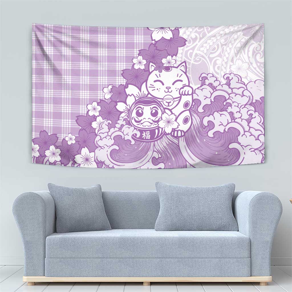 Purple Palaka Hawaiian And Japanese Tapestry Maneki Neko And Sakura Bloom