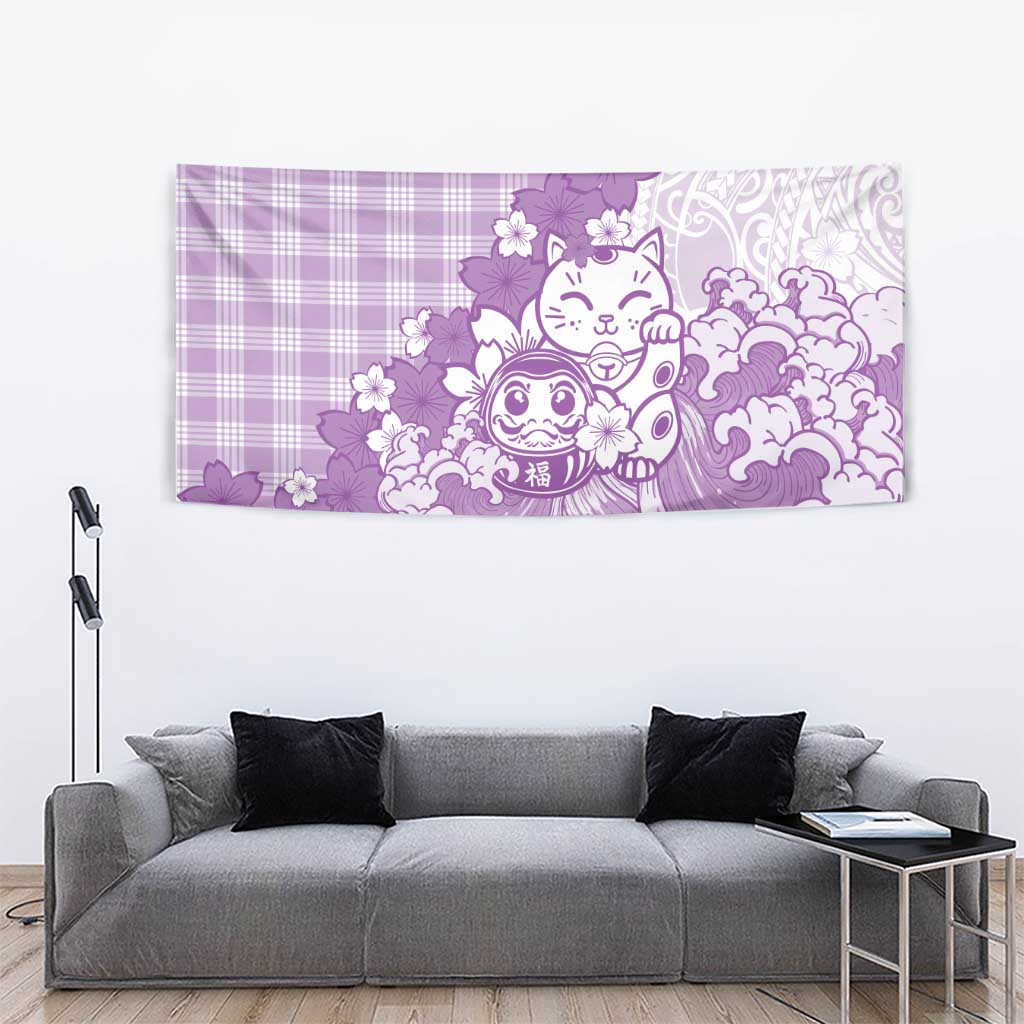 Purple Palaka Hawaiian And Japanese Tapestry Maneki Neko And Sakura Bloom