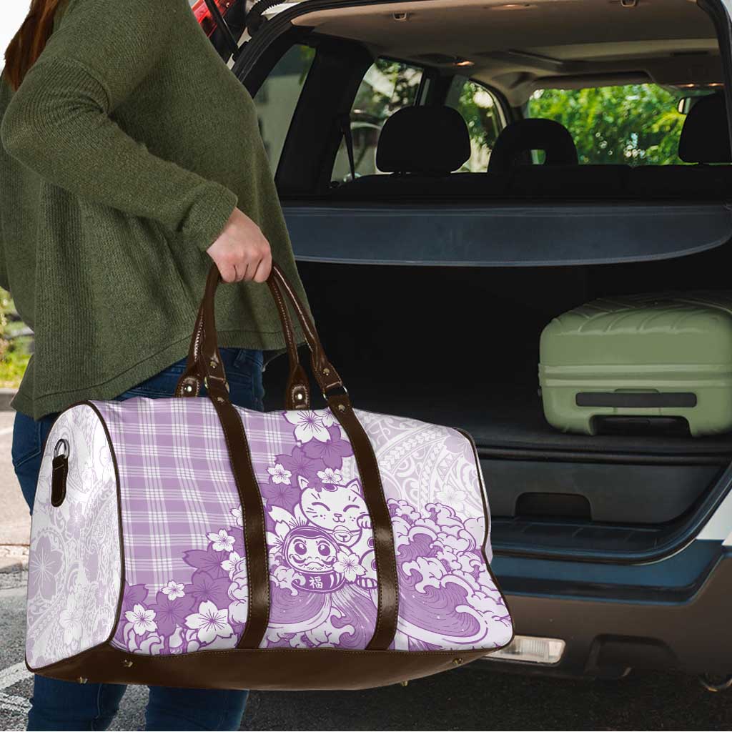 Purple Palaka Hawaiian And Japanese Travel Bag Maneki Neko And Sakura Bloom