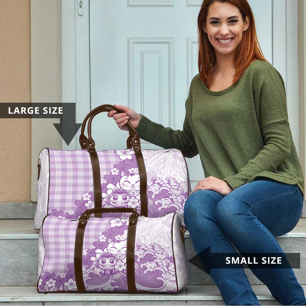 Purple Palaka Hawaiian And Japanese Travel Bag Maneki Neko And Sakura Bloom