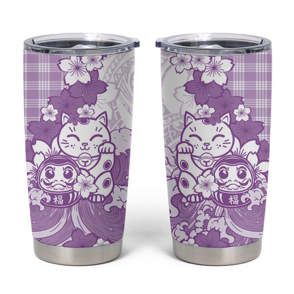 Purple Palaka Hawaiian And Japanese Tumbler Cup Maneki Neko And Sakura Bloom