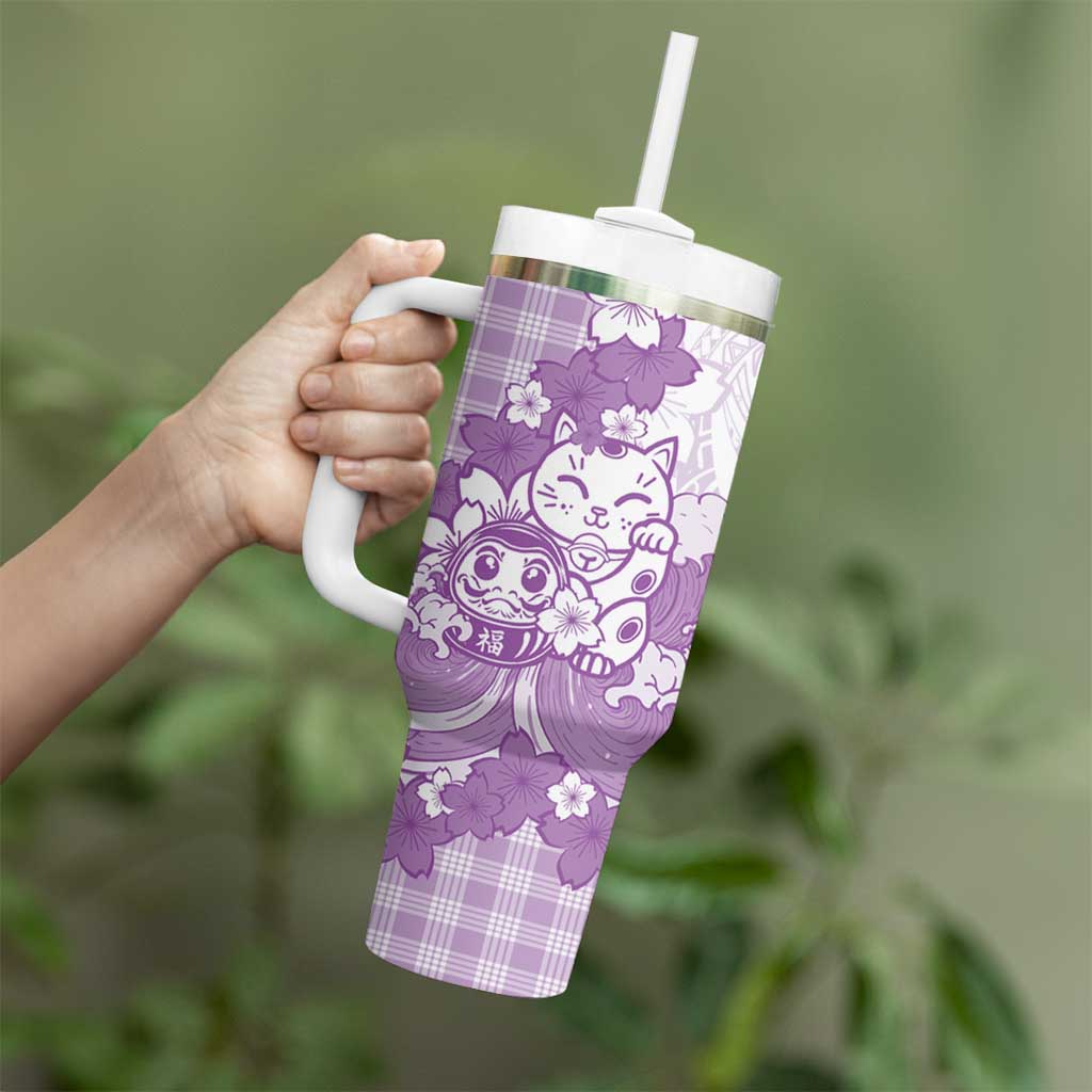 Purple Palaka Hawaiian And Japanese Tumbler With Handle Maneki Neko And Sakura Bloom