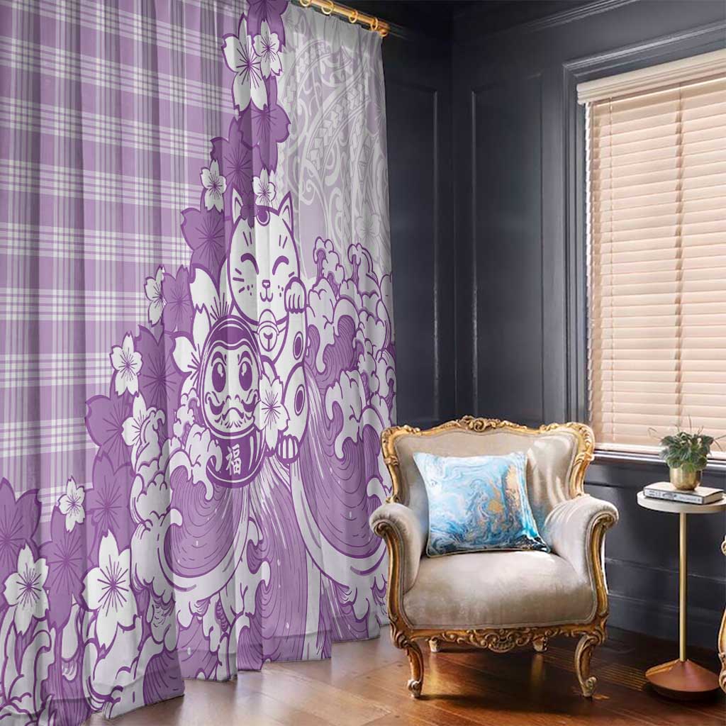 Purple Palaka Hawaiian And Japanese Window Curtain Maneki Neko And Sakura Bloom